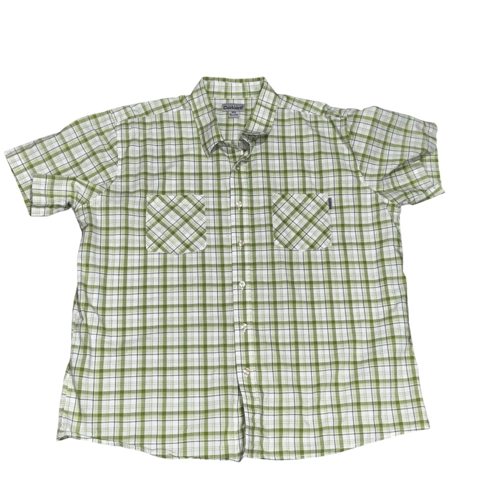 Carhartt Button Up Shirt Mens 3XL Green Plaid Short Sleeve Excellent Workwear‎